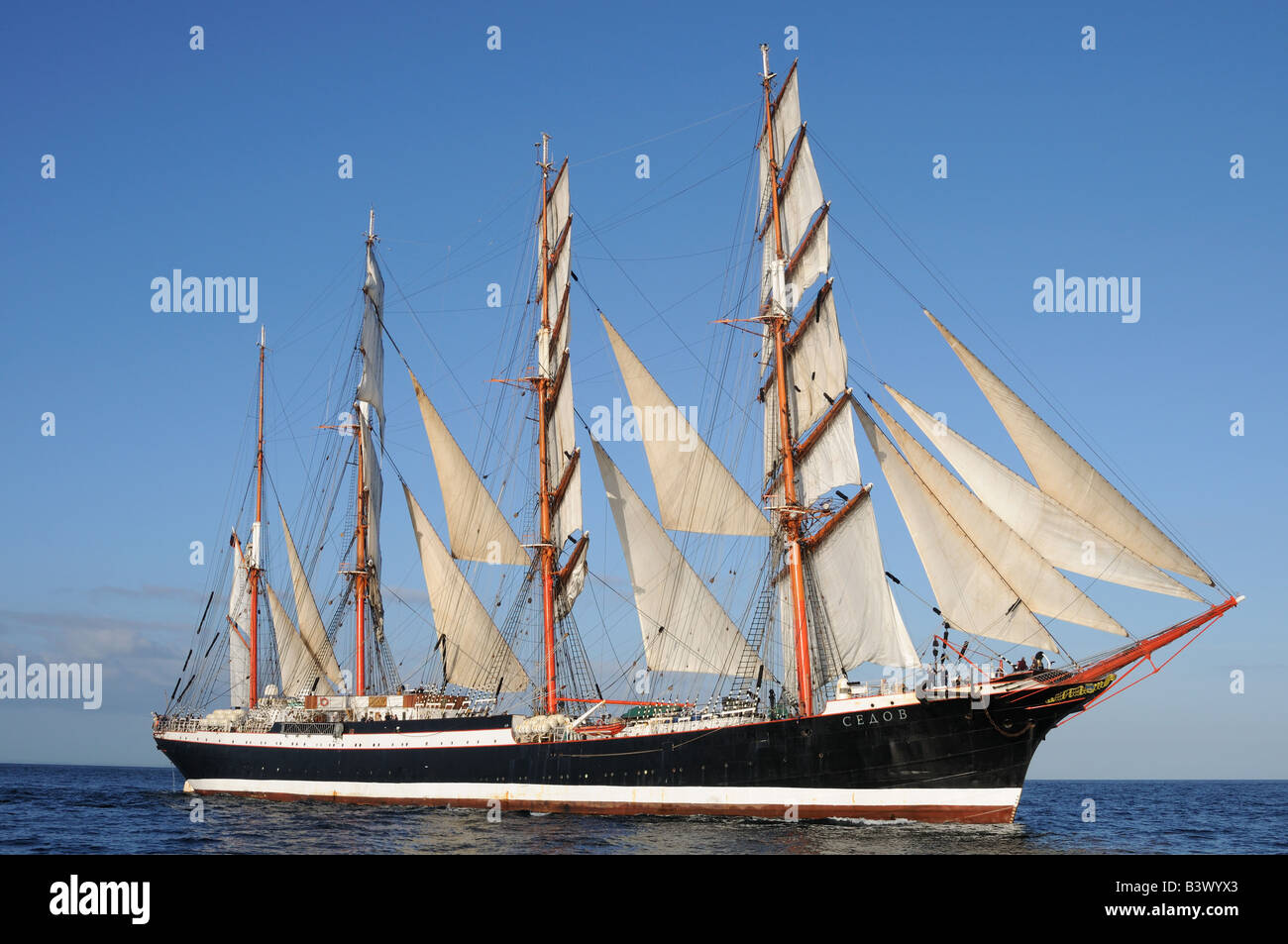 four masted sail training barque Sedov at The start of the falmouth to portugal tall ships race Stock Photo