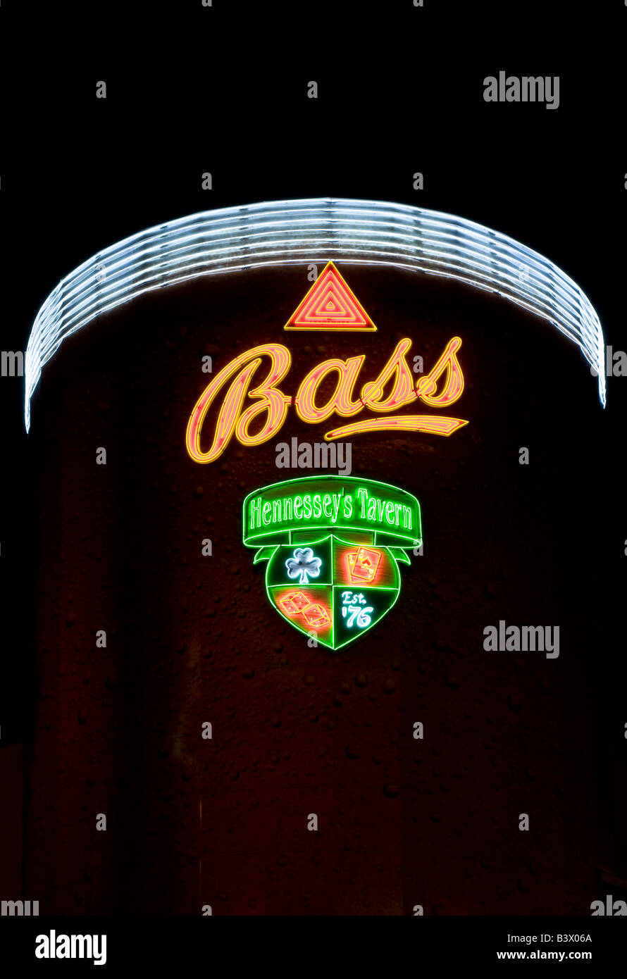 Neon Bass Ale sign attached to a bar located on Fremont Street in Las Vegas Navada Stock Photo