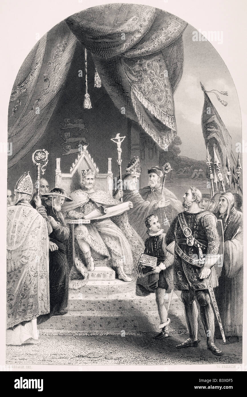 King John sealing the Magna Carta at Runnymede on June 15, 1215. Stock Photo