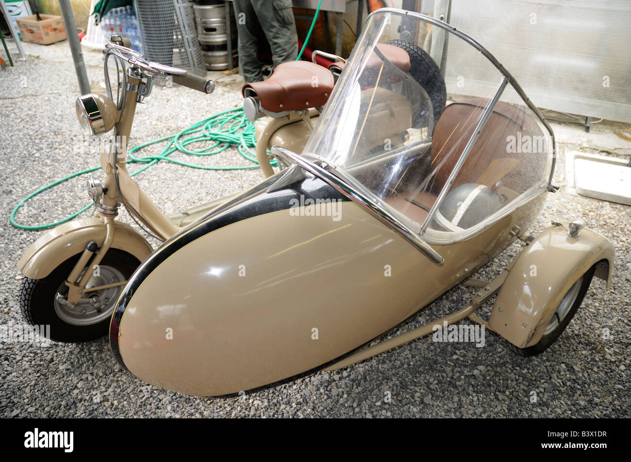 Lambretta scooter with sidecar in rally at Bellagio, Lake Como, Lombardy, Italy Stock Photo