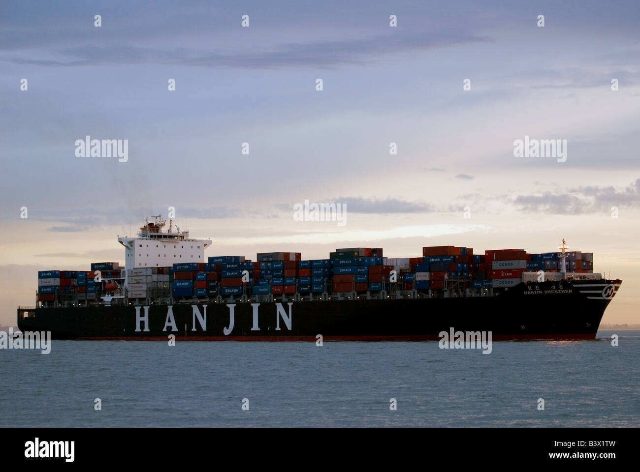 Hanjin Shenzhen container ship, the 75,000 ton vessel was built in 2008 by Hyundai, seen here arriving in Felixstowe Suffolk, UK Stock Photo