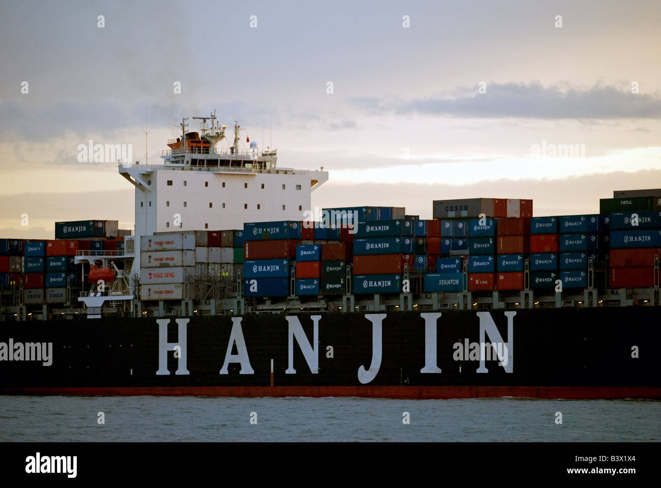 Hanjin Shenzhen container ship, the 75,000 ton vessel was built in 2008 by Hyundai, seen here arriving in Felixstowe Suffolk, UK Stock Photo