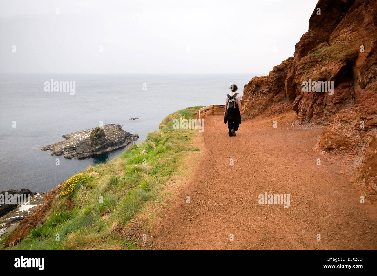 Man Walking Along Coastal Path, Giants Causeway, Northern Ireland Stock