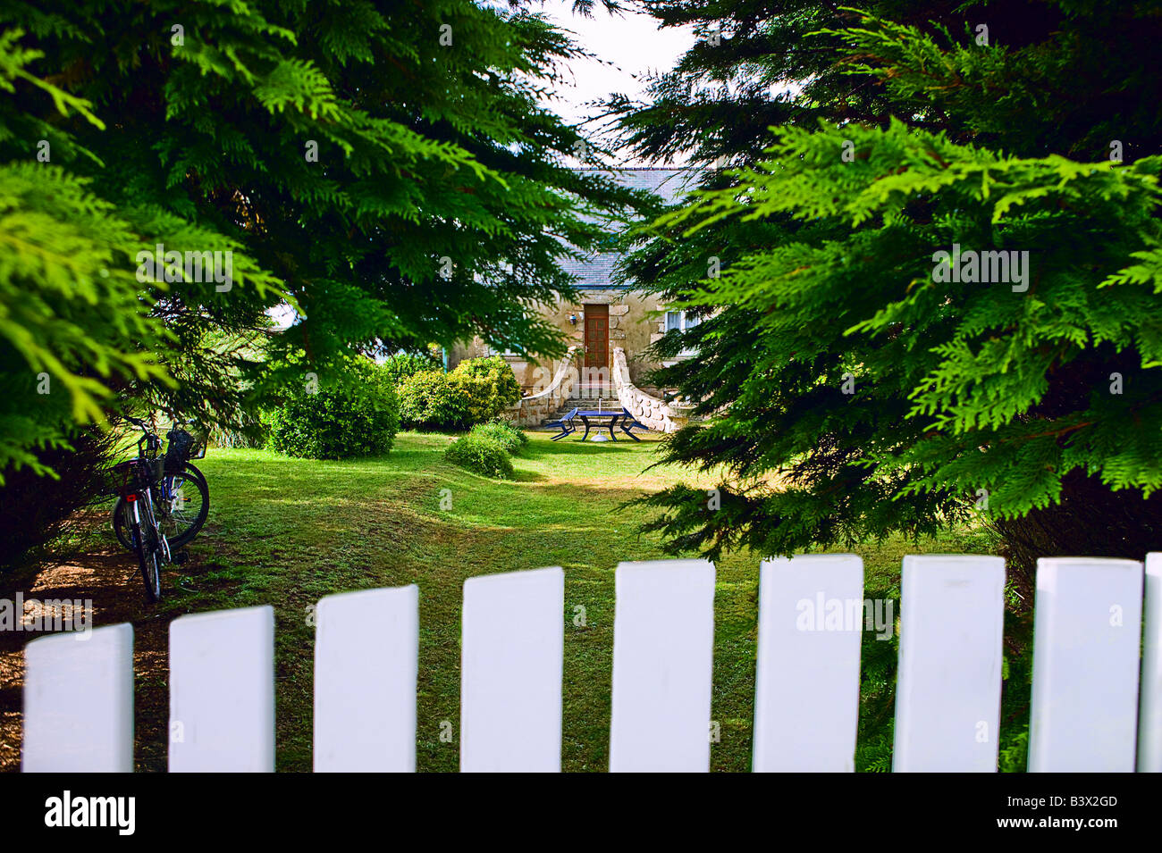 Peeping through fence and pines to house main entrance isle of Ouessant Brittany France Stock Photo