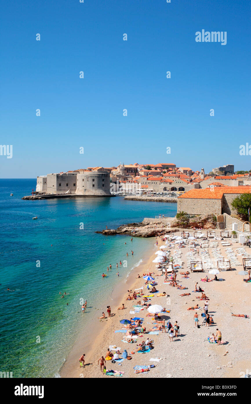beach in front of the old town of Dubrovnik, Republic of Croatia, Eastern Europe Stock Photo