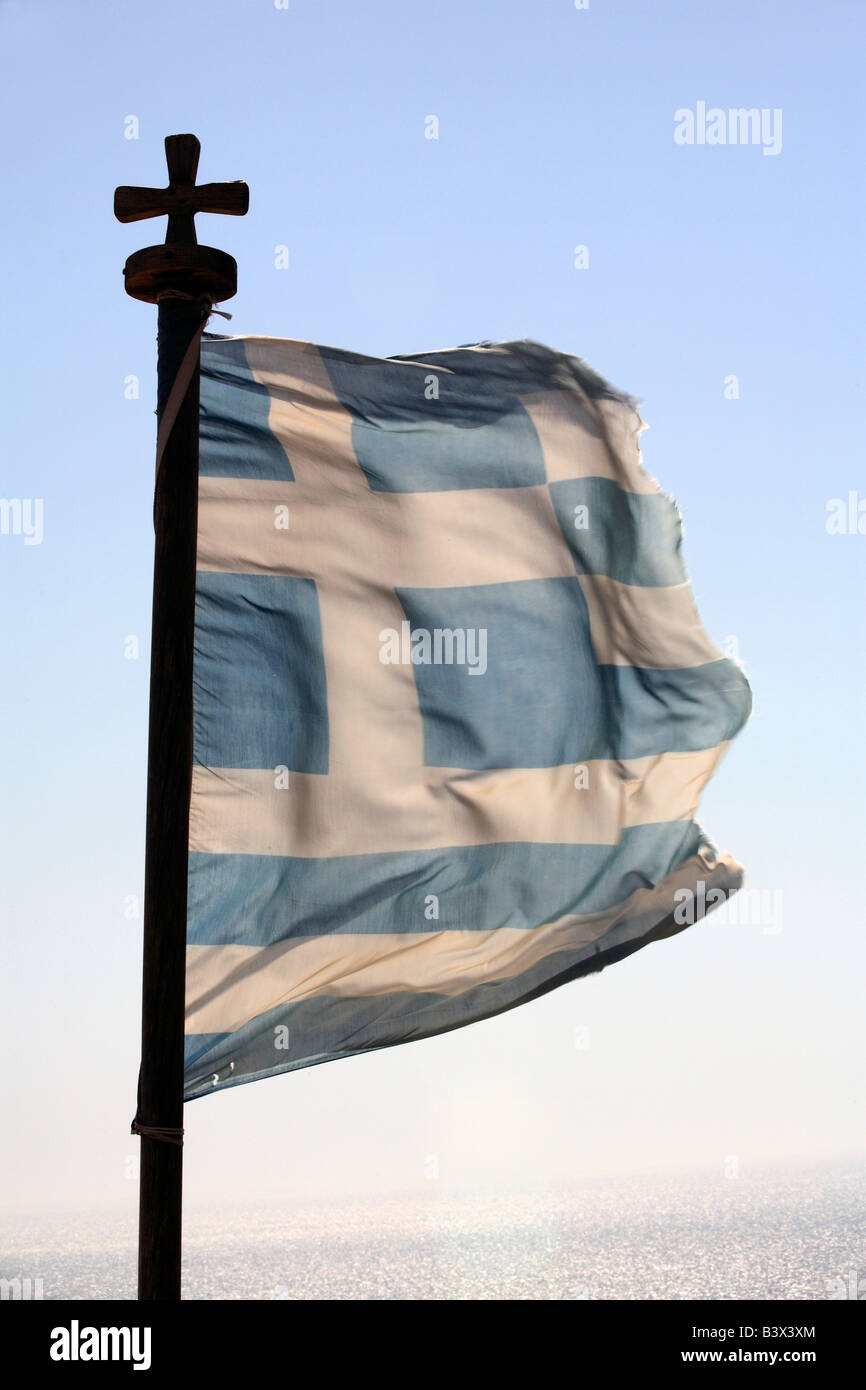 GREECE SPORADES KYRA PANAGIA GREEK FLAG FLYING Stock Photo
