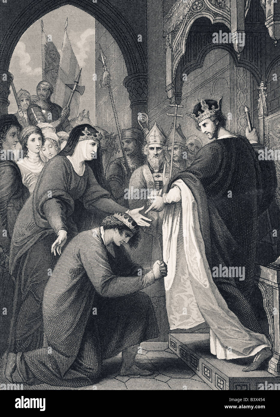 John submits to his brother King Richard I while their mother Eleanor of Aquitane looks on. Stock Photo