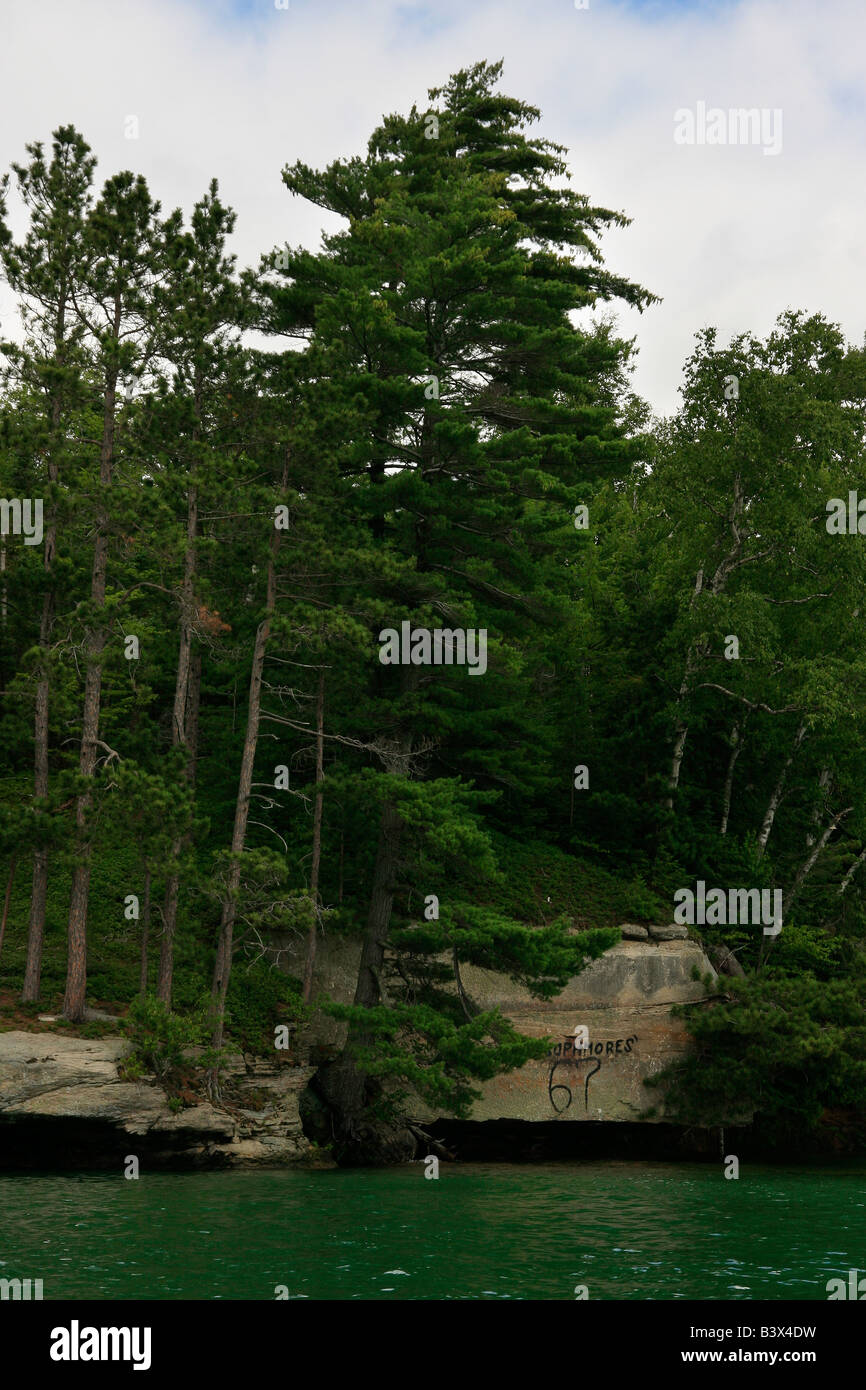 The Grand Island at Lake Superior Upper Peninsula Great Lakes in Michigan MI USA US beautiful landscape overhead from above nobody vertical hi-res Stock Photo