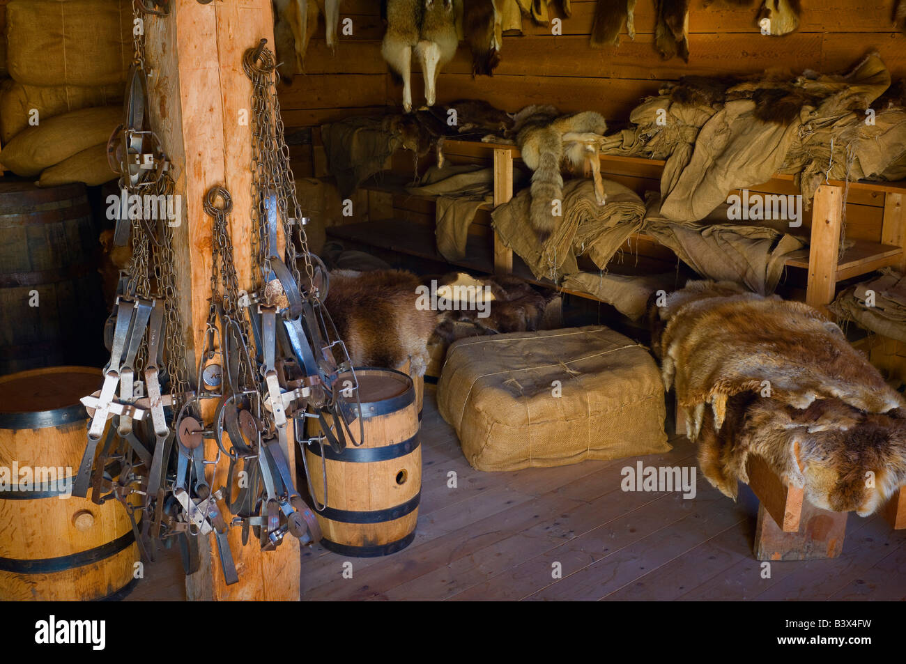 Trapping equipment and furs, Fort Edmonton, Alberta, Canada Stock Photo