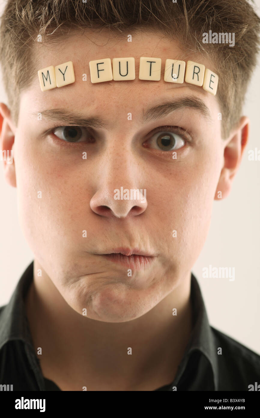 Man with the words 'my future' spelled with letter tiles on his head Stock Photo