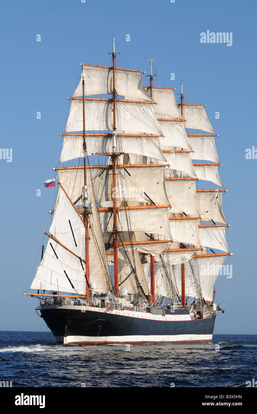 four masted sail training barque Sedov at The start of the falmouth to Portugal tall ships race Stock Photo