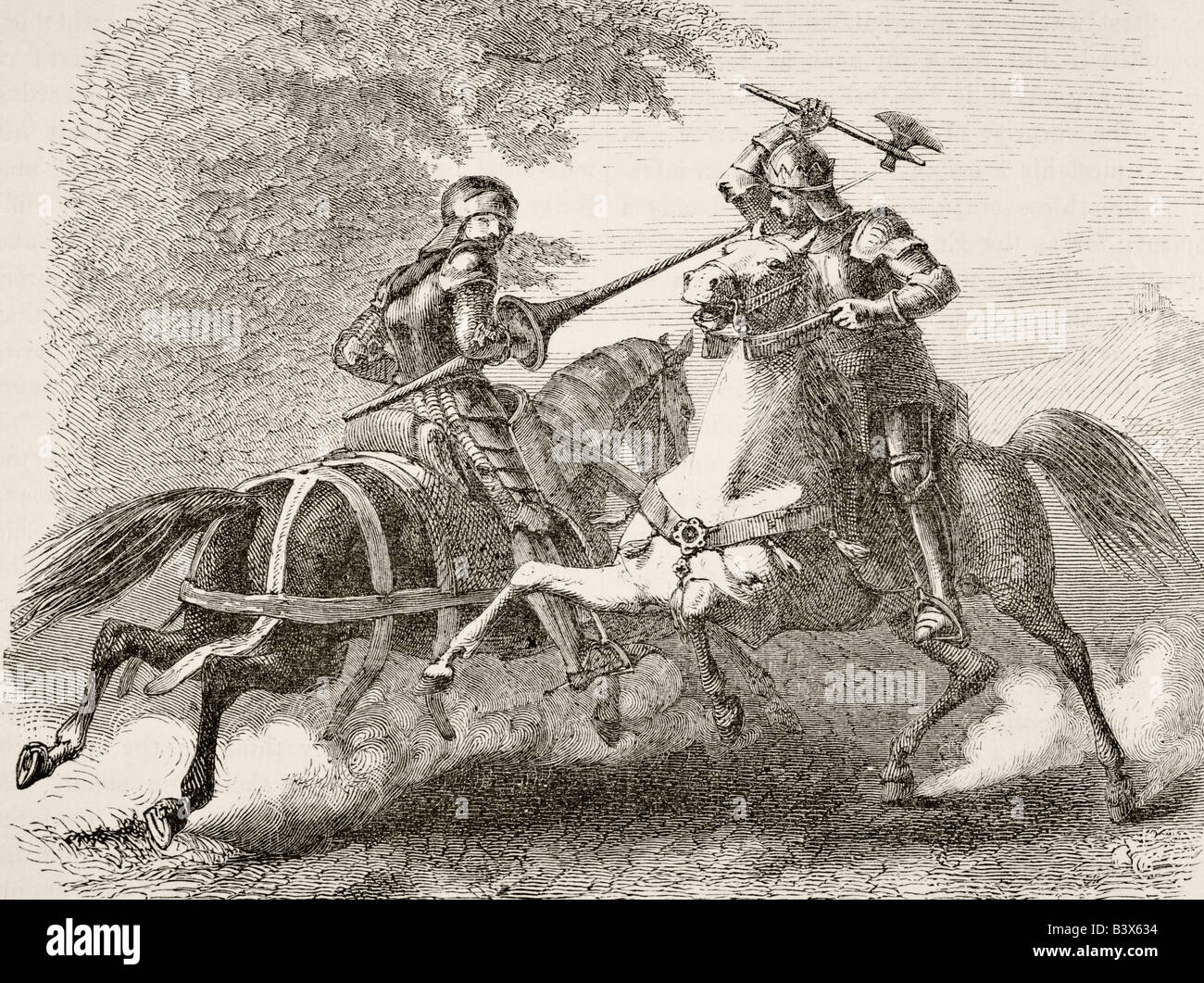 Mounted clash between Robert the Bruce and Sir Henry de Bohun during the Battle of Bannockburn, June 13 1314. Stock Photo