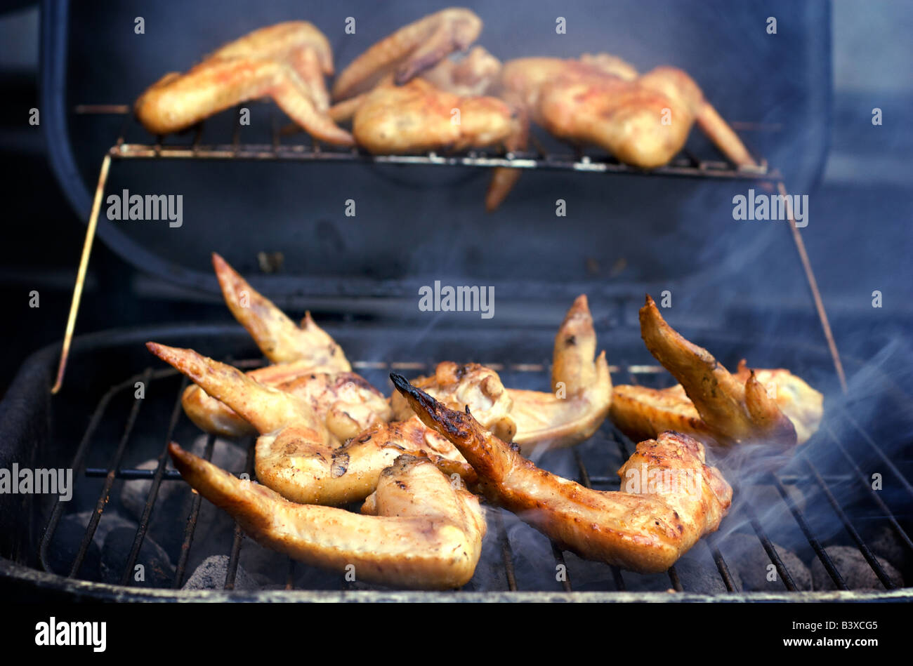 Closeup of BBQ Chicken Wings Over A Hibachi Grille Stock Photo