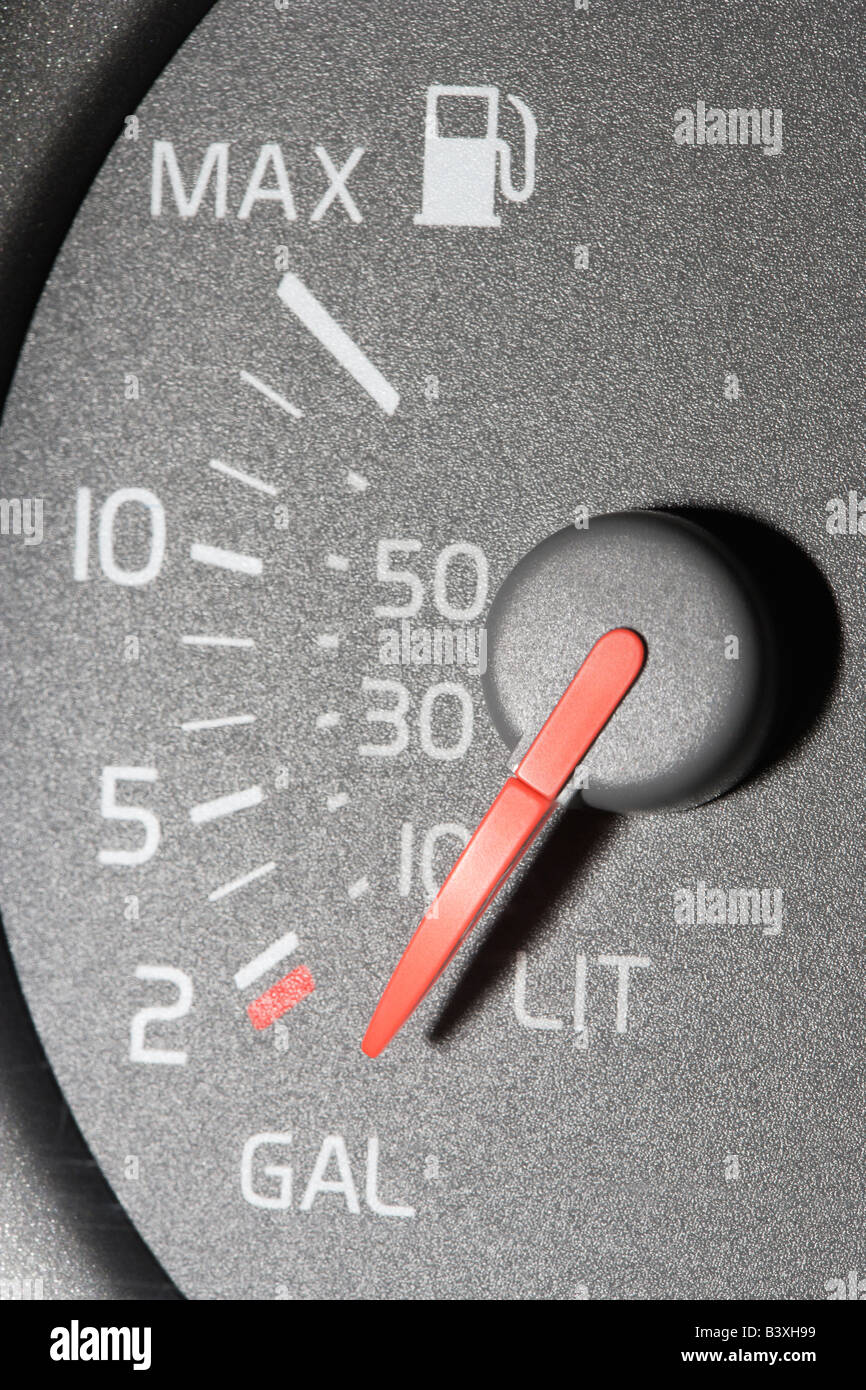 Car fuel gauge low Stock Photo