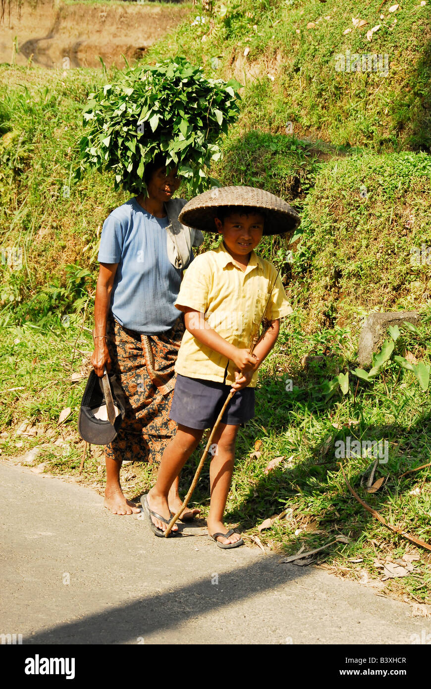 bali aga ethnic minority , bali aga village life , women carrying goods on her head , julah, bali aga village , north bali Stock Photo