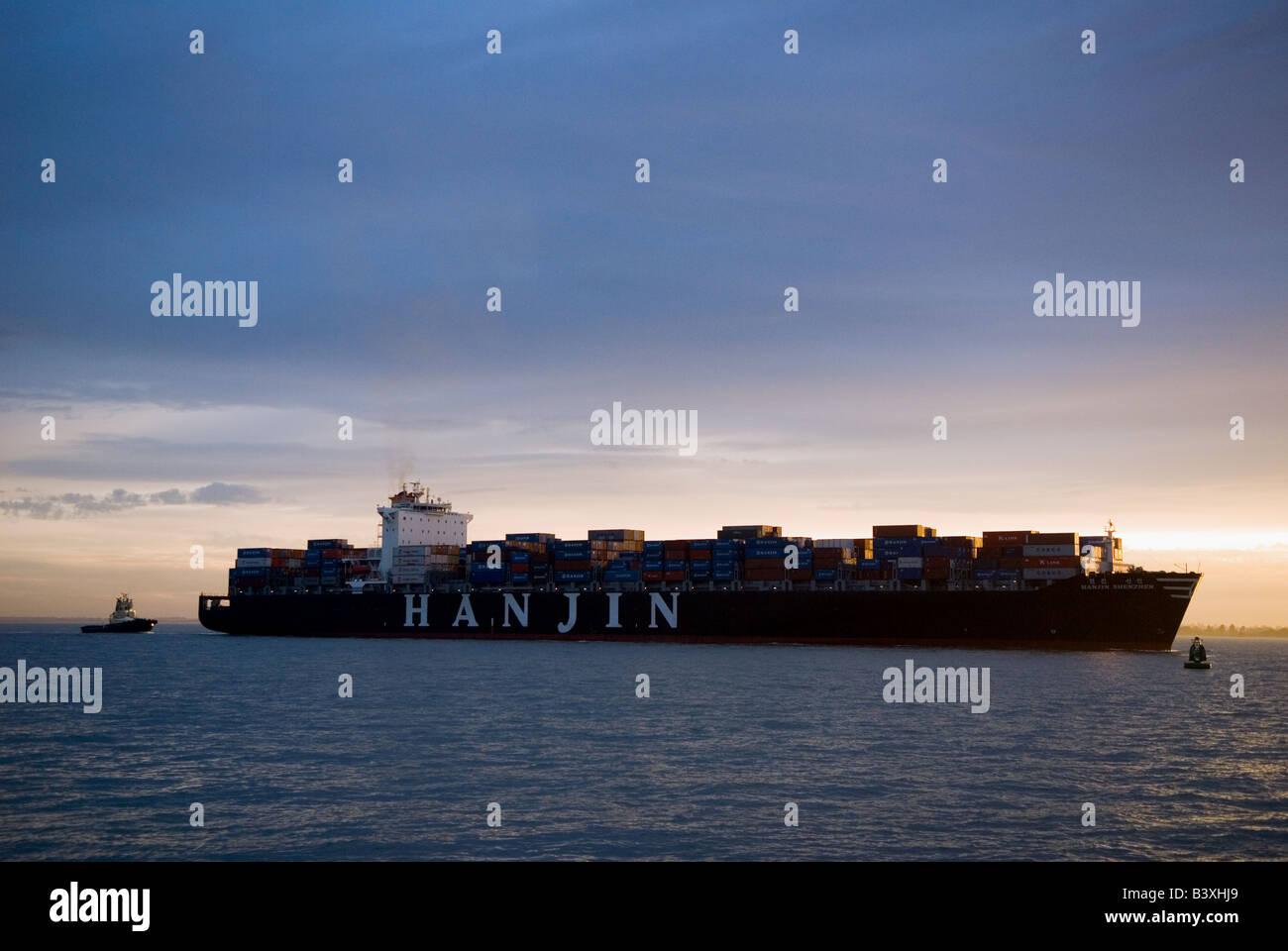 Hanjin Shenzhen container ship, the 75,000 ton vessel was built in 2008 by Hyundai, seen here arriving in Felixstowe Suffolk, UK Stock Photo
