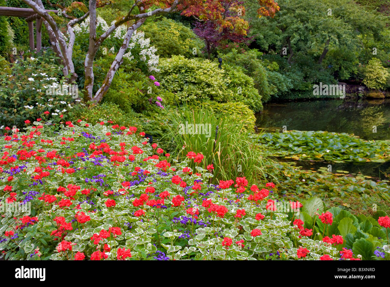 Flowers and pond Butchart Gardens B C Canada Stock Photo