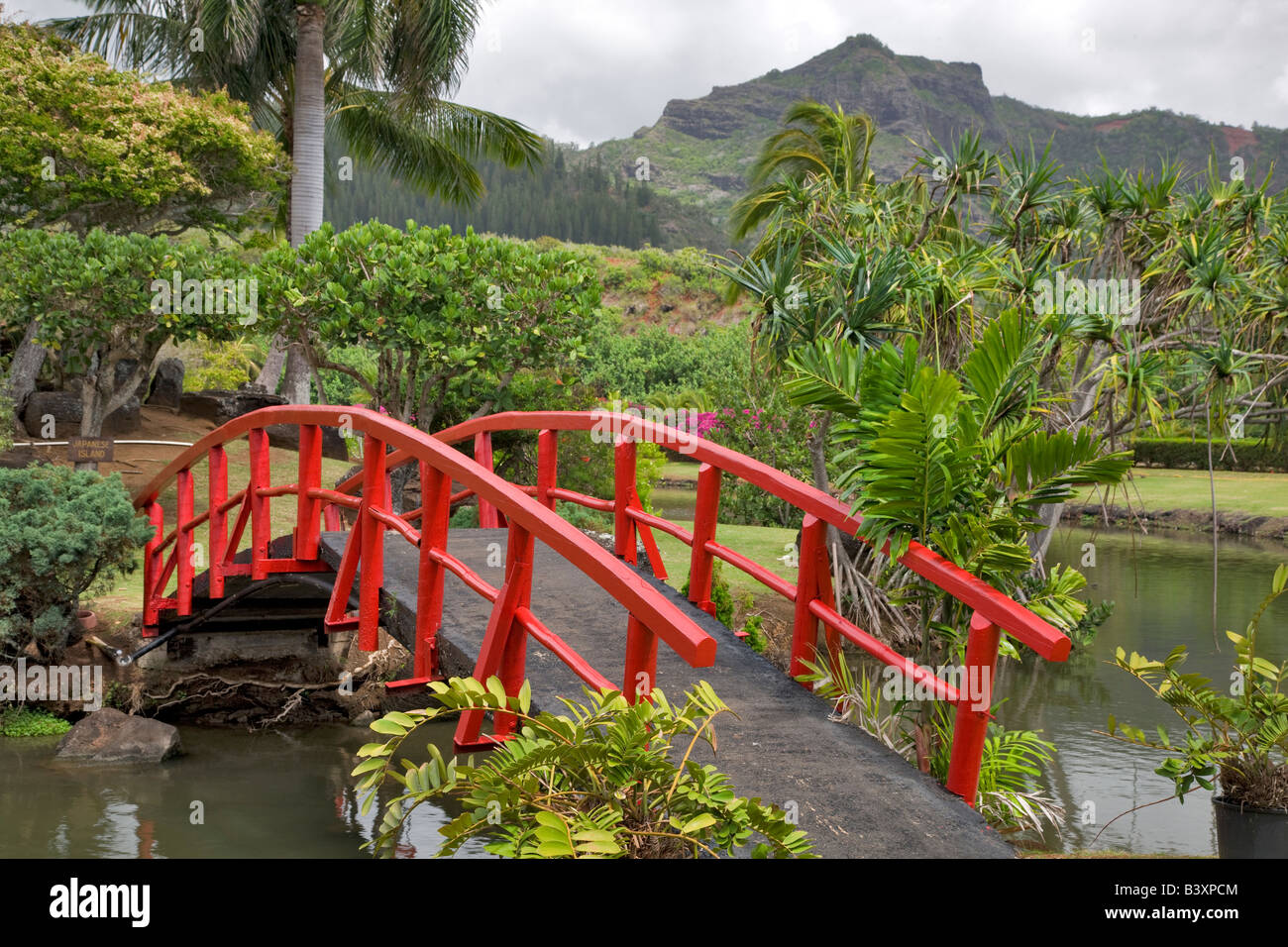 Bridge to japanese Gardens Smith s Tropical Gardens Kauai Hawaii Stock Photo