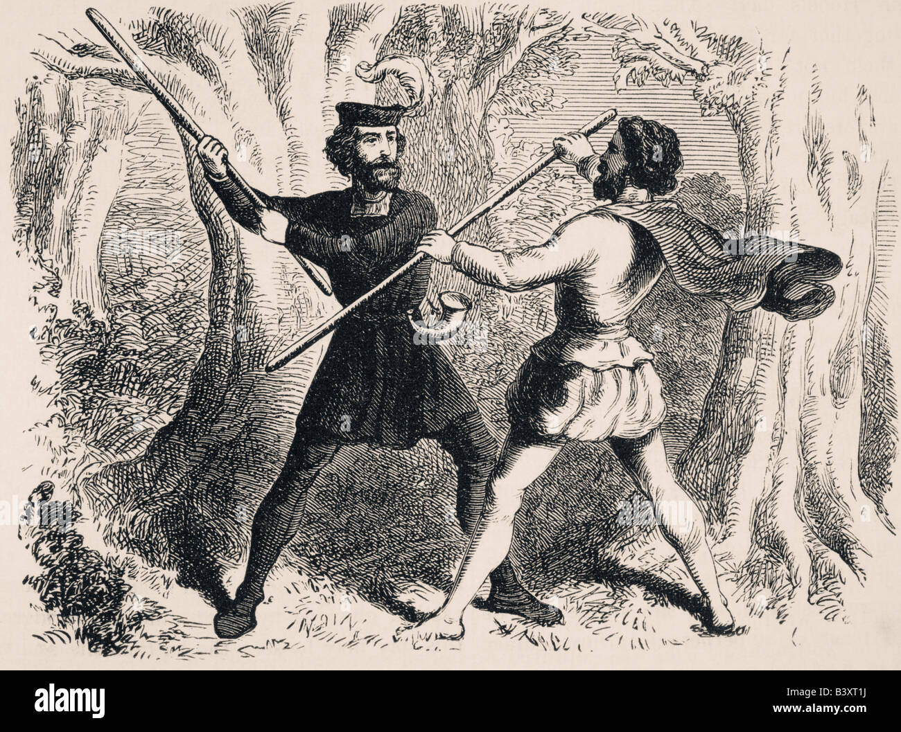 Two men fighting with quarter staffs. Robin Hood and Little John Stock