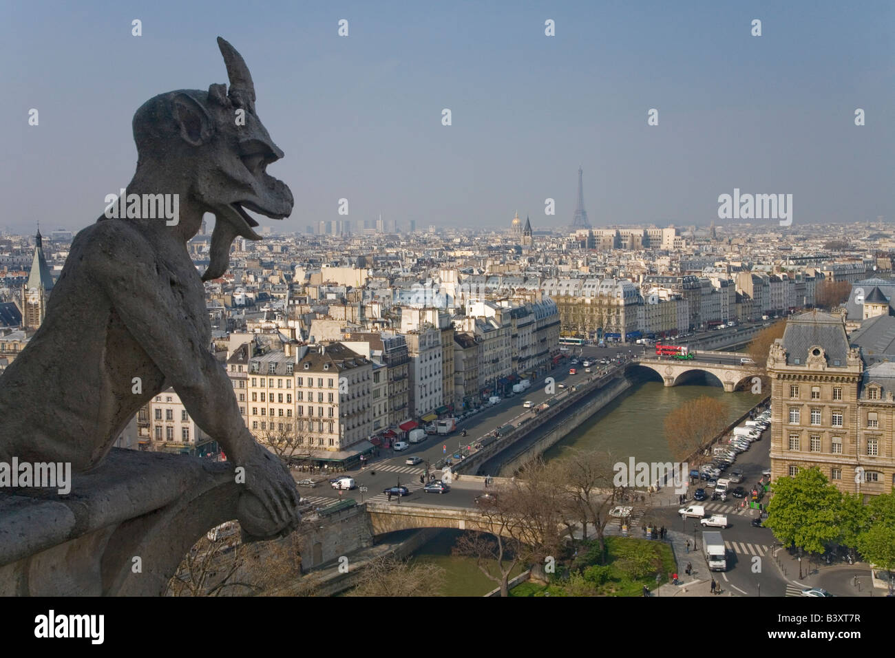 View of Paris from the Chimera Gallery with gargoyles Notre Dame Cathedral in spring sunshine France Europe EU Stock Photo
