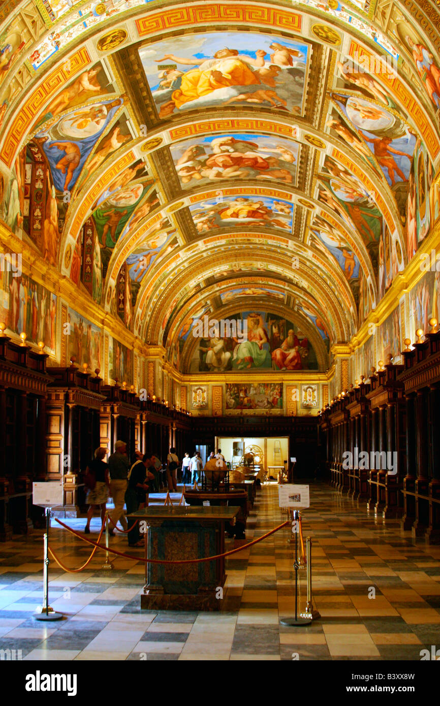 Library of Monastery of San Lorenzo de El Escorial with 16th century ceiling frescoes painted by Tibaldi near Madrid Spain Europ Stock Photo