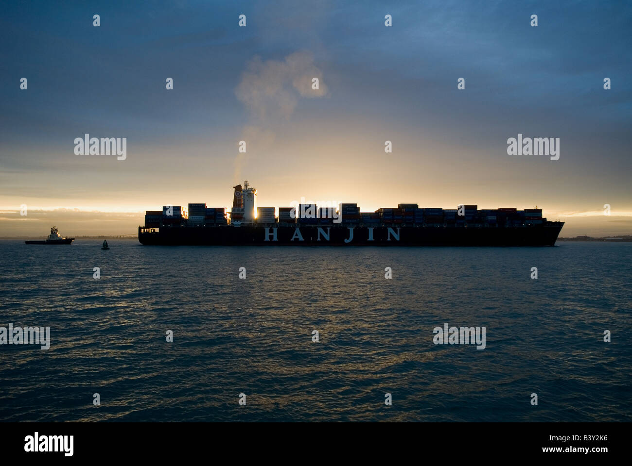 Hanjin Shenzhen container ship, the 75,000 ton vessel was built in 2008 by Hyundai, seen here arriving in Felixstowe Suffolk, UK Stock Photo