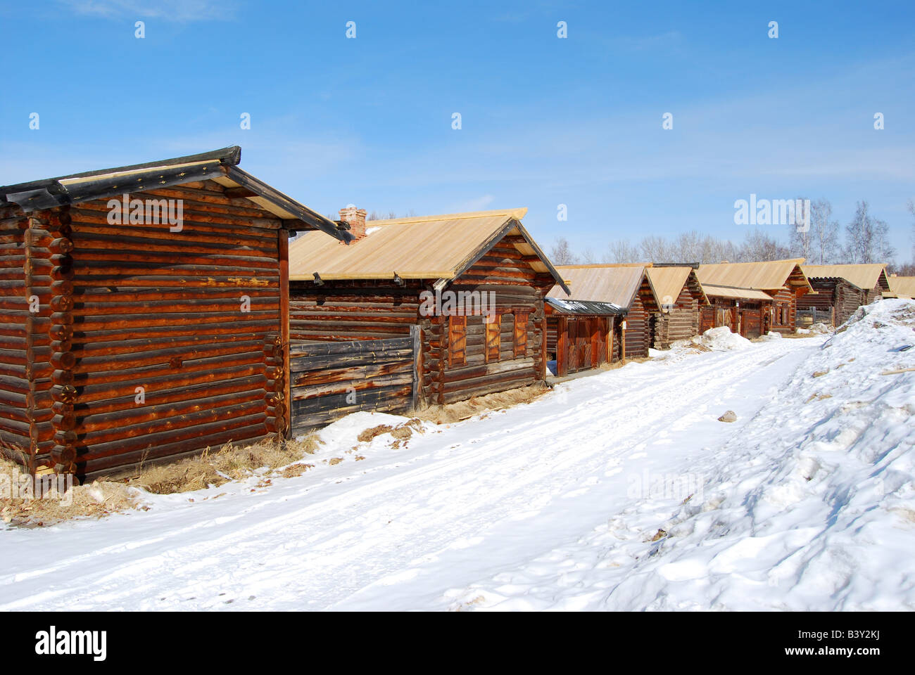 Traditional wooden Siberian buildings at the Taltsy Museum of Wooden Arcitecture and Ethnography near Lake Baikal Russia Stock Photo