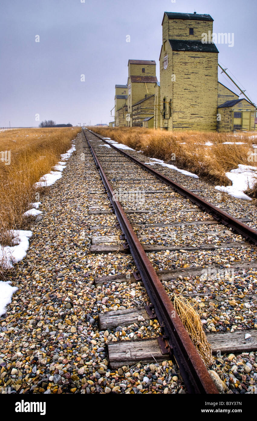 Grain elevators along train tacks, Alberta, Canada Stock Photo