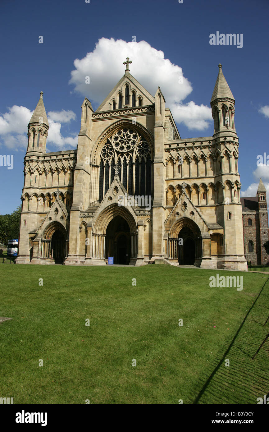 City of St Albans, England. West façade of the Anglican Cathedral and Abbey Church of St Albans. Stock Photo