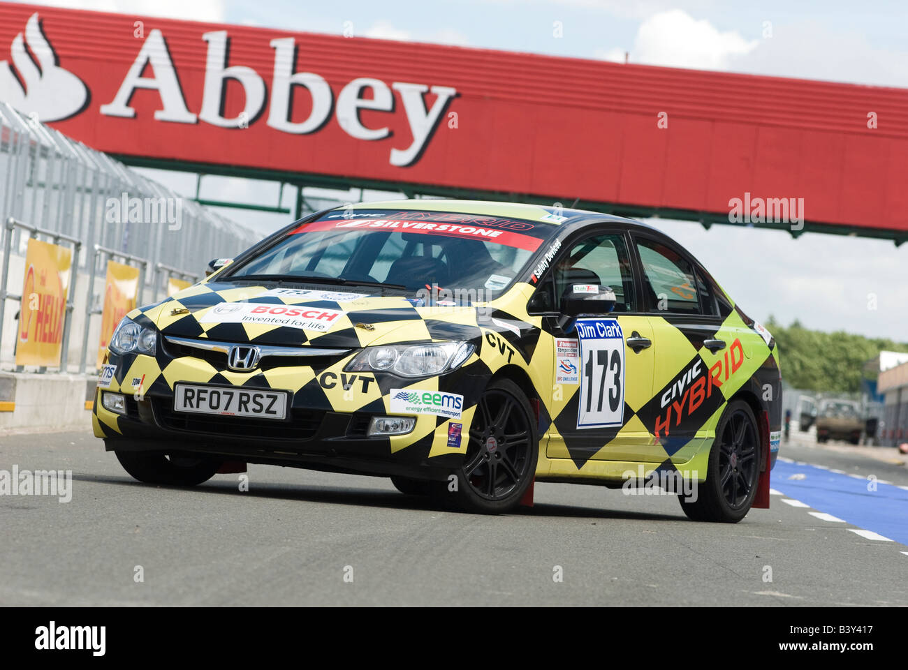 Oaktec Honda civic hybrid car in racing colours at silverstone circuit in the uk Stock Photo