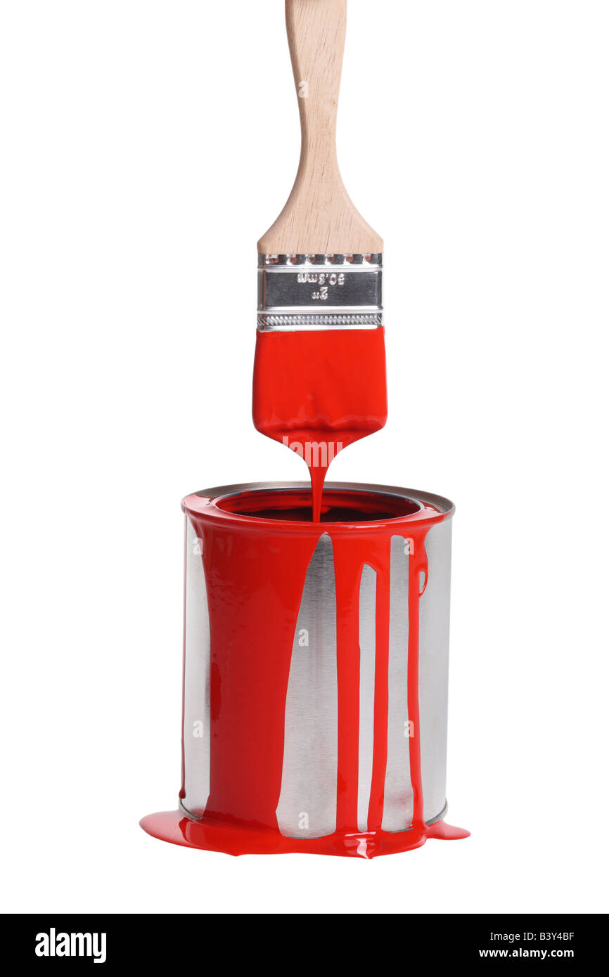 Can of red paint and paintbrush cut out isolated on white background