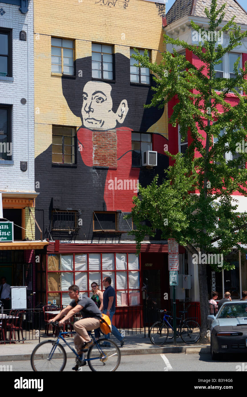 The mural of the Toulouse Lautrec portrait of cabaret singer Aristide Bruant in Adams Morgan Washington DC Stock Photo