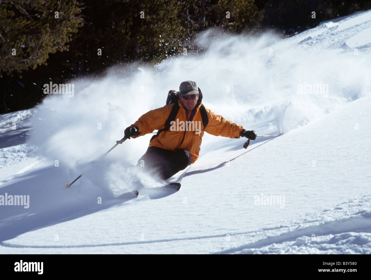 Back country helicopter skier in the powder of the Ruby Mountains, Nevada, USA Stock Photo