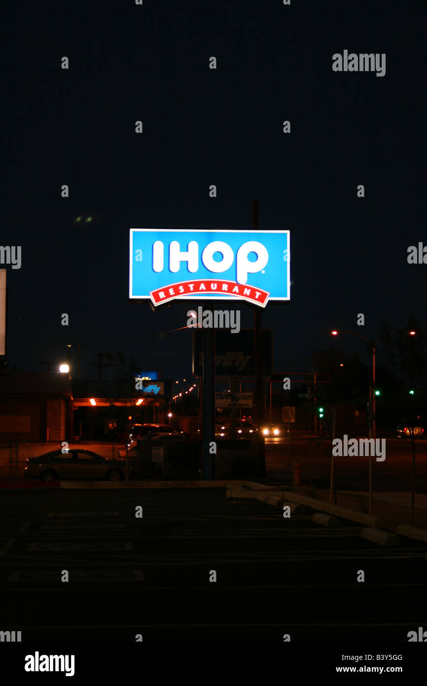 Sign for IHOP International House of Pancakes lit up at night Stock Photo