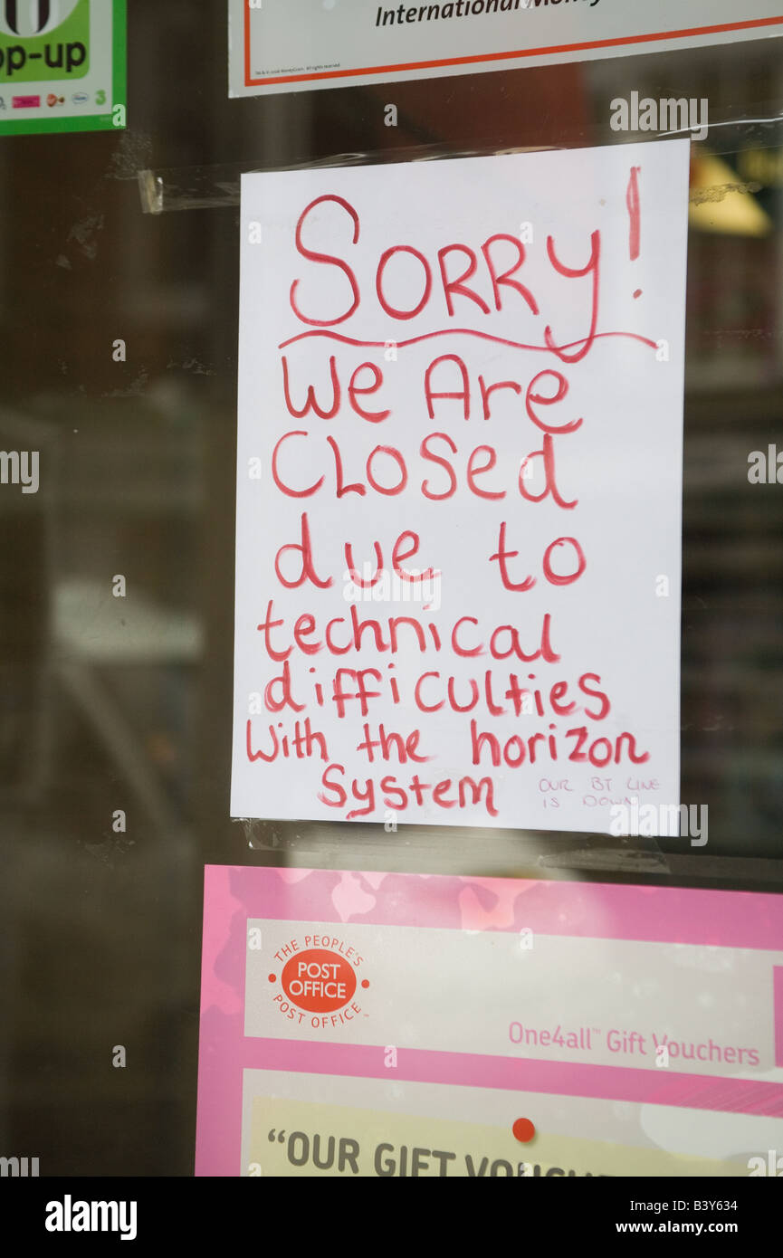 A sign in a post office window in Maldon saying that they are closed due to  technical difficulties Stock Photo - Alamy