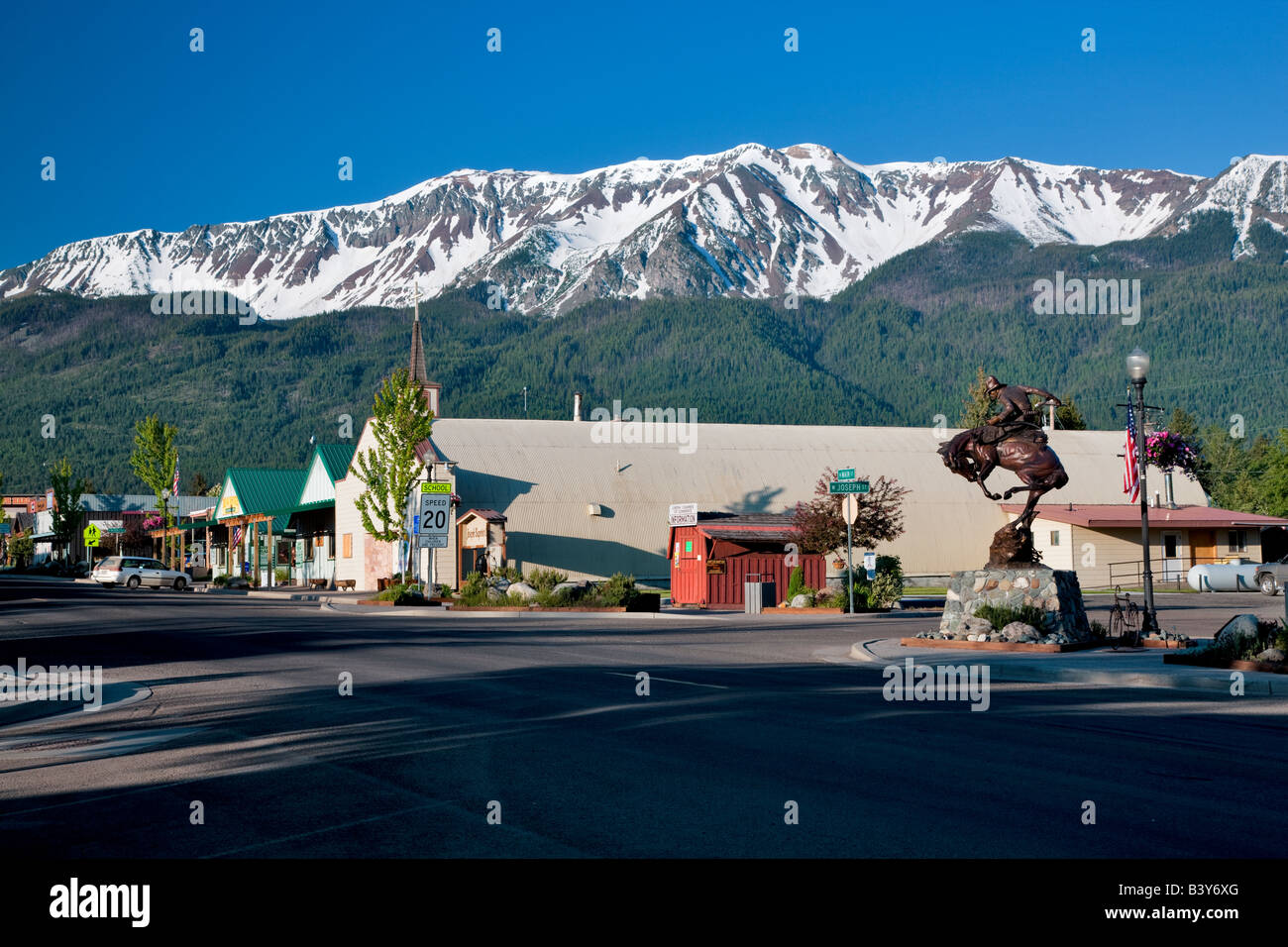 Downtown Joseph Oregon with Wallowa Mountains Stock Photo