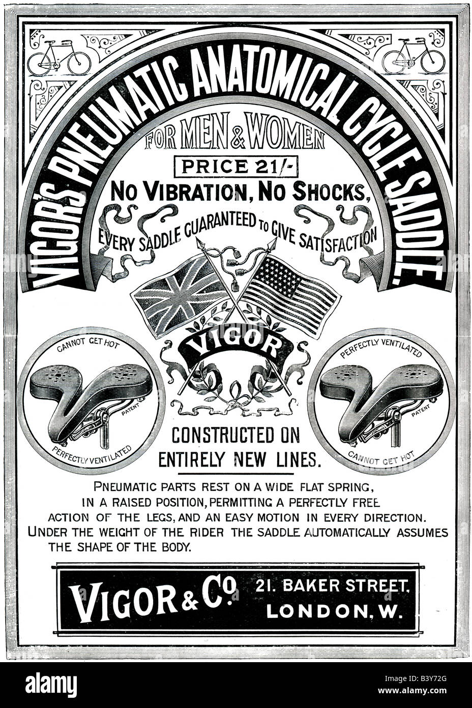 1897 Victorian advertisement for Vigor Bicycle Saddles FOR EDITORIAL USE ONLY Stock Photo