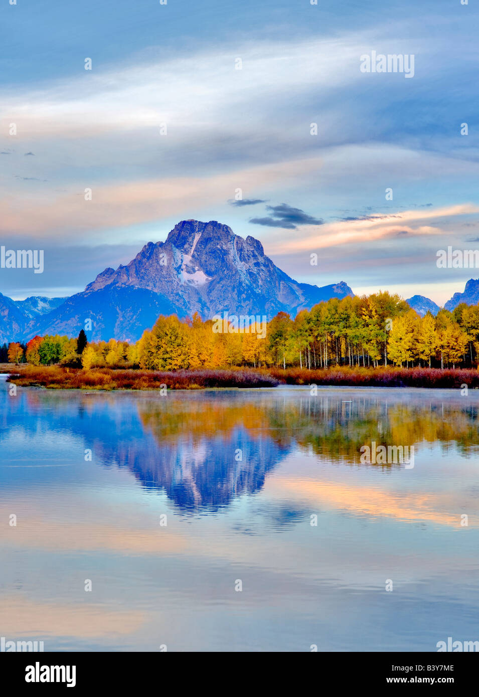 Mt Moran and fall colored aspen trees at Oxbow Bend on the Snake River