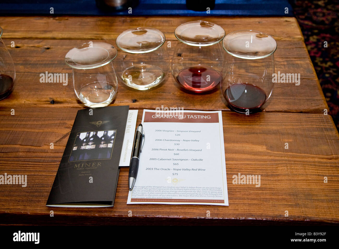 USA, California, Napa Valley. Wines poured for tasting at Miner Vineyards. Stock Photo
