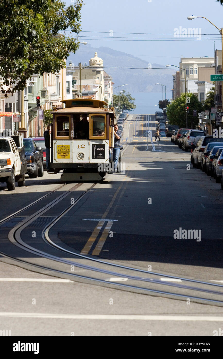 Ground level view of an approaching San Francisco cable car. Stock Photo