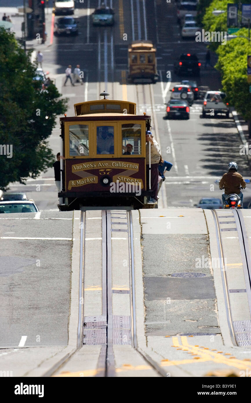 Ground level view of an approaching San Francisco cable car. Stock Photo