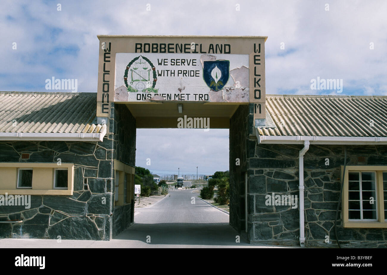 South Africa, Western Cape, Robben Island. Entrance to Robben Island, prison of Nelson Mandela and other political prisoners under apartheid regime. UNESCO World Heritage Site since 1999 Stock Photo