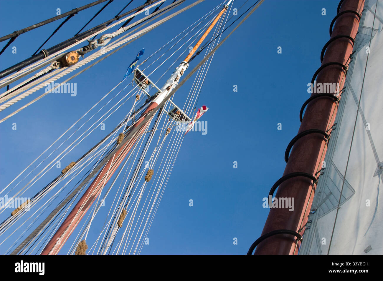 USA, Florida, Key West. Detail of sails and rigging on square rigger ...