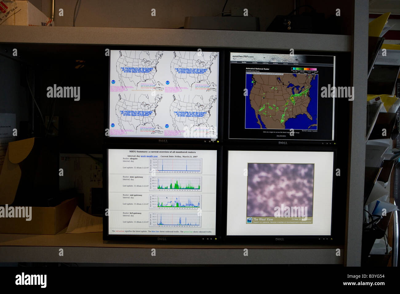 Weather data displays inside the Mount Washington Observatory, a