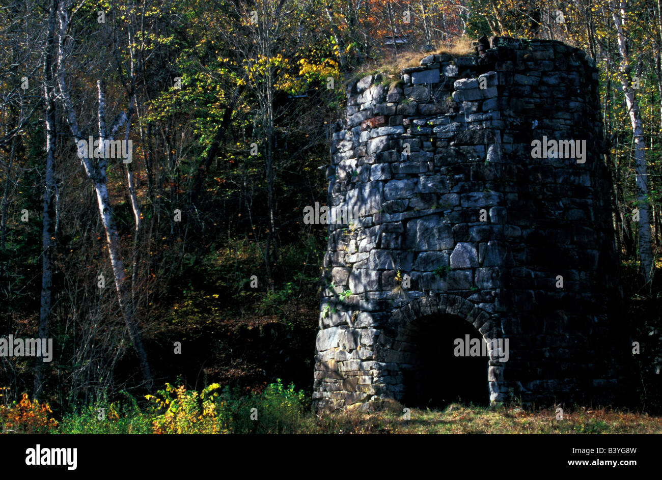 North America, United States, New Hampshire. A stone furnace in the woods. Stock Photo
