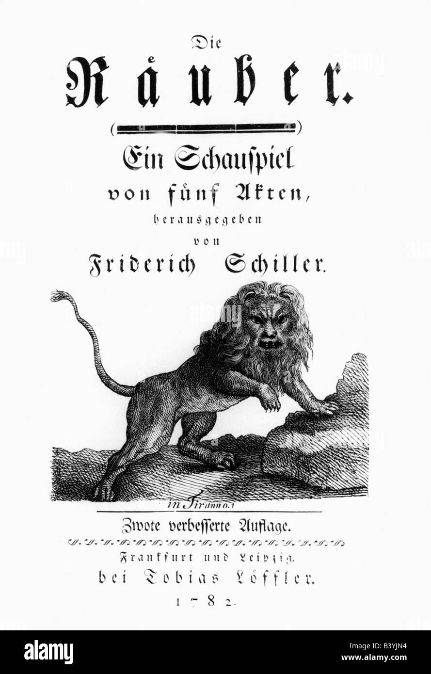 Schiller, Friedrich, 10.11.1759 - 9.5.1805, German author / writer, works, play 'Die Räuber' (The Robbers), title page, 1782, Stock Photo