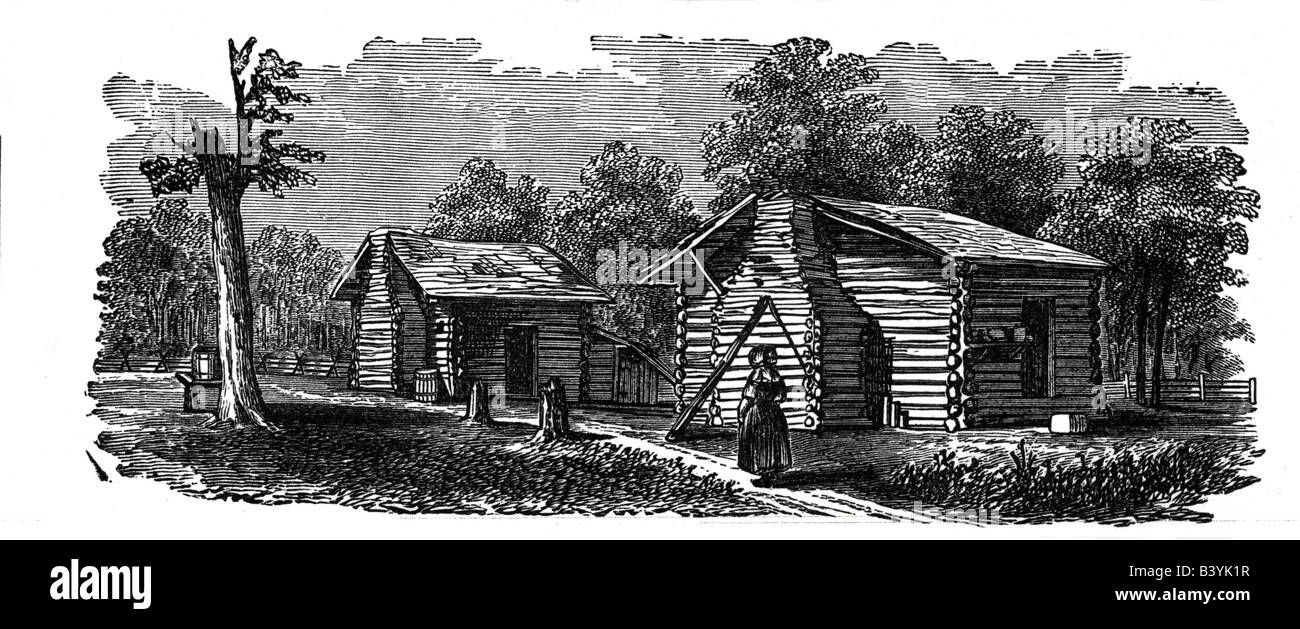 geography/travel, USA, architecture, first settlers, log cabin, engraving, 19th century, settling, hut, settler, historic, historical, North America people, Stock Photo