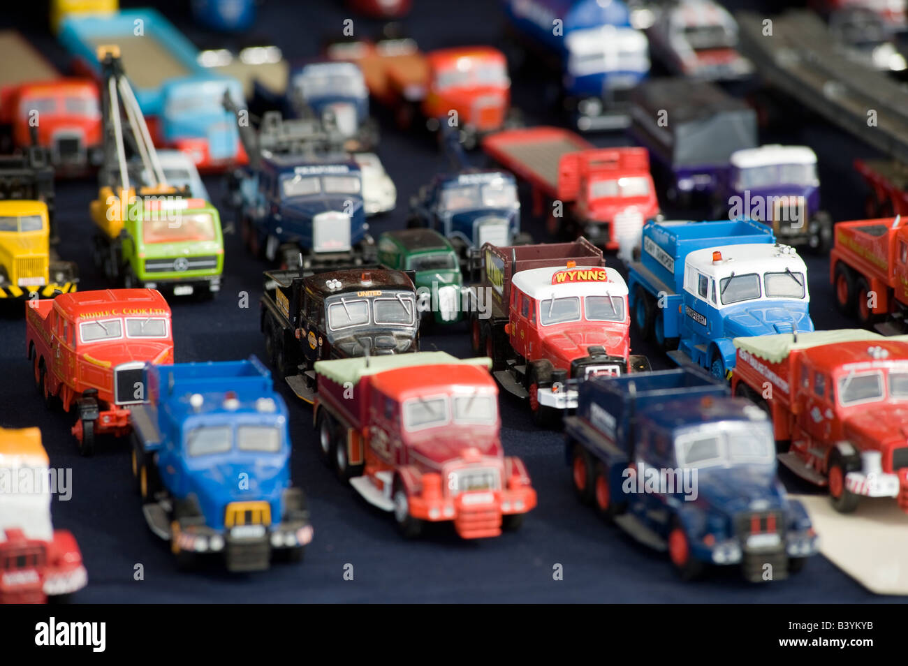 Display of small toy lorries at a collectors enthusiasts fair in the uk Stock Photo
