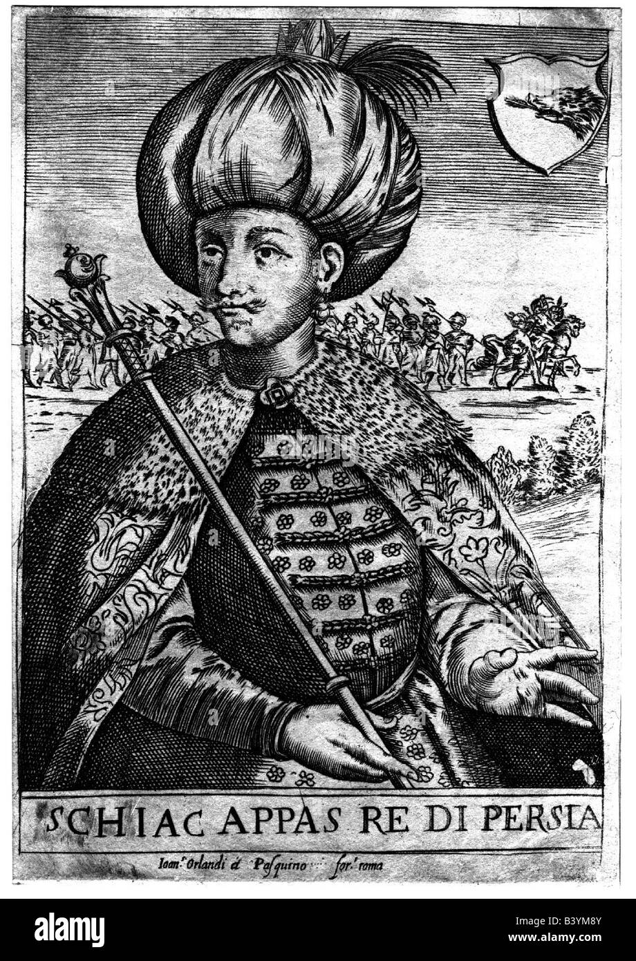 Abbas I of Persia, 'The Great', 27.1.1571 - 19.1.1629, Shah of Persia 2.12.1587 - 19.1.1629, half length, Italian copper engraving, 17th century, Artist's Copyright has not to be cleared Stock Photo