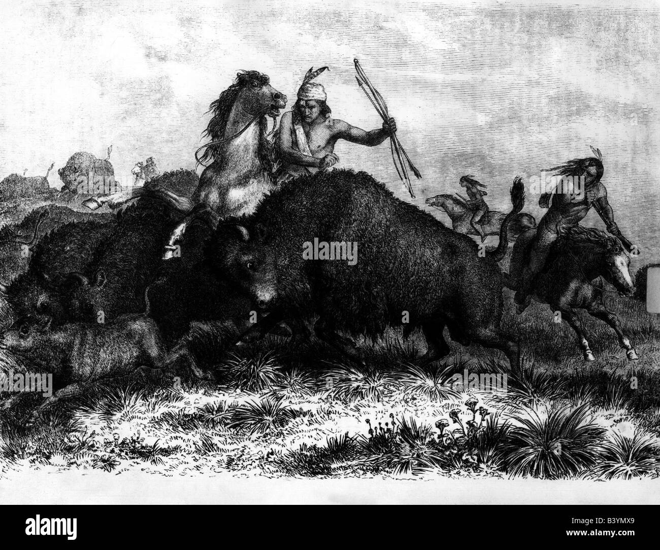 geography / travel, USA, Native American Indians, hunting buffaloes, engraving, 1862, Stock Photo
